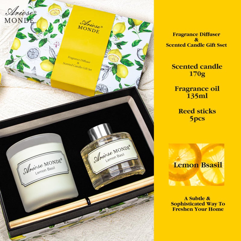 ArioseMonde Reed Diffuser & Scented Candle Gift Set, Lemon Basil Oil Diffuser Sticks, Fragrance Diffuser & Soy Wax Candles in Glass Jar, Natural Soy Candles Gifts for Home Decor - Image 2